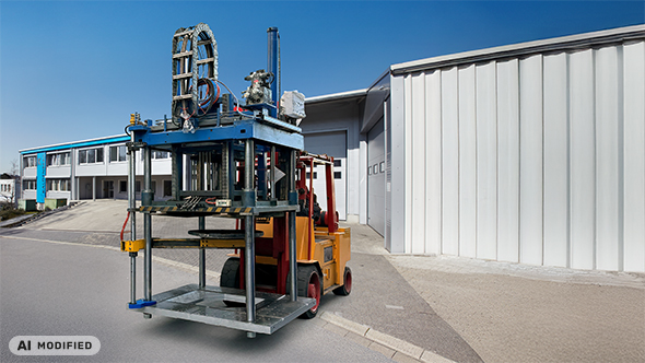 Ein Gabelstapler transportiert eine Kurtz-Niederdruckgießanlage vor dem Firmengebäude der Gießerei Karl Kaldenberg.